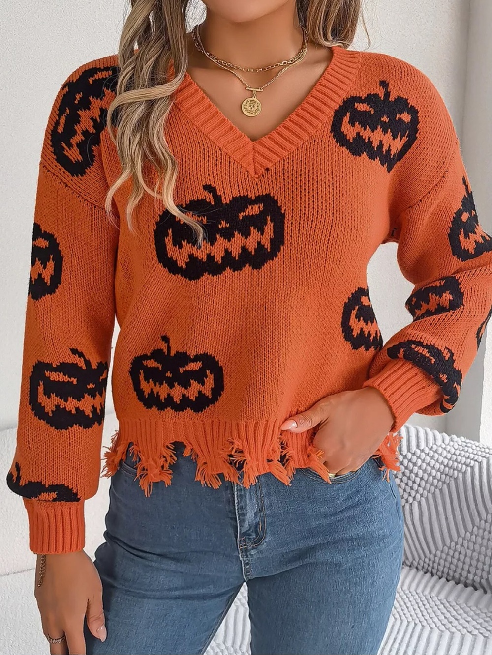 Pumpkin Pattern Orange V Neck Distressed Hem Sweater